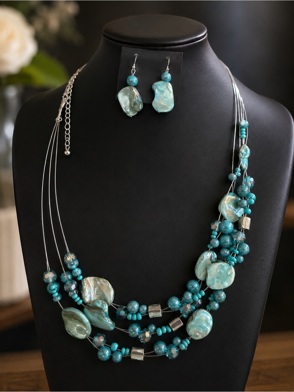 Chicos Turquoise Beaded Multi-Strand Necklace & Earring Set